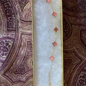 Delicate Pink Clover Chain Bracelet - Gold Tone